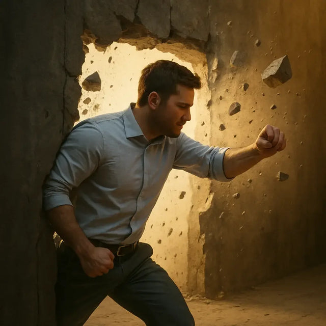 Man in dress shirt and trousers breaking through wall illustrating press past barriers with divine strategy