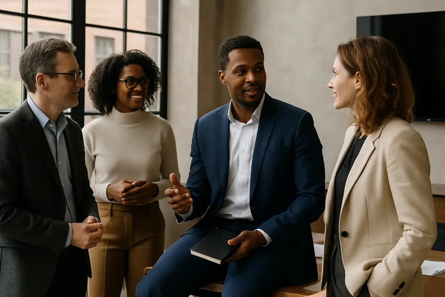 Four diverse faith-based leaders engaged in purpose-driven leadership discussion