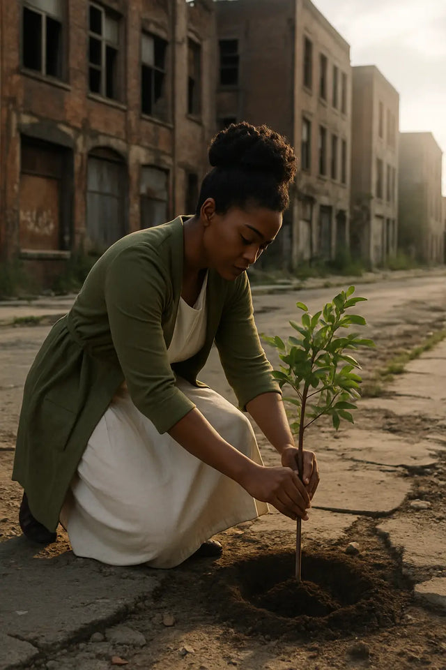 Young woman planting a tree in urban ruins symbolizing purpose-driven leadership and renewal