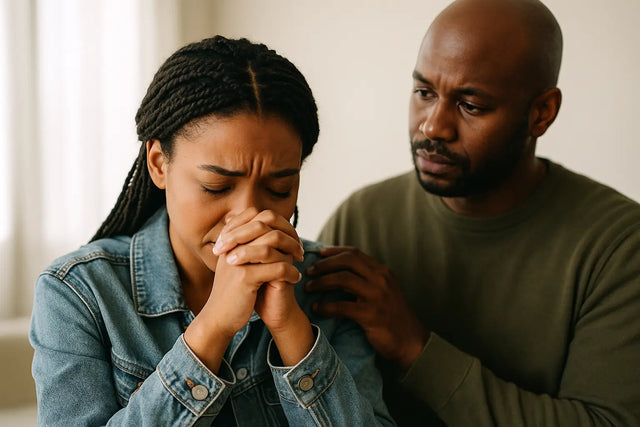 Man comforting crying woman emphasizing purpose-driven leadership and work-life balance