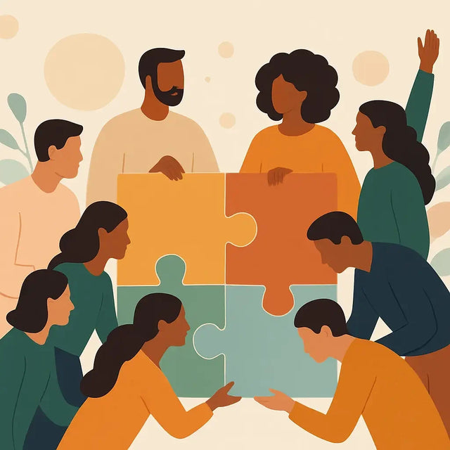 Diverse group assembling a four-piece puzzle symbolizing shared values and purpose-driven leadership