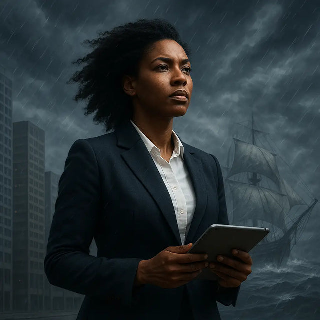 Determined woman in dark suit holding tablet for purpose-driven leadership reflection questions