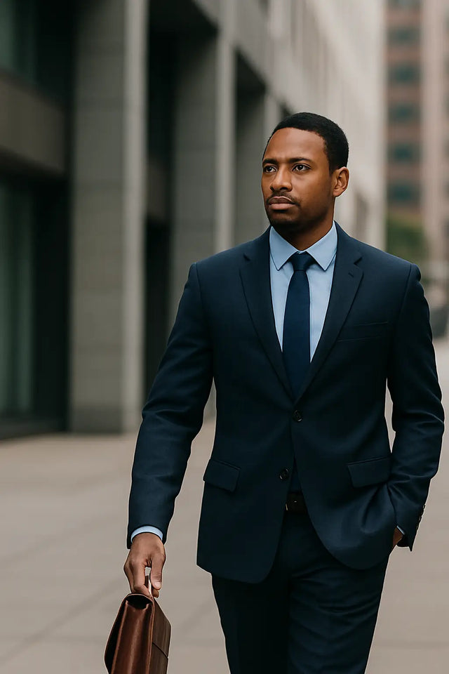 Man in dark blue suit with light blue shirt and brown briefcase exemplifying purpose-driven leadership in your god-given lane