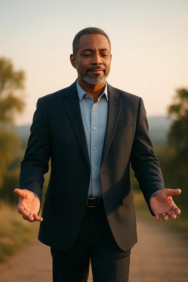 Man in dark suit with eyes closed and hands open symbolizing purpose-driven leadership trusting Jehovah Jireh