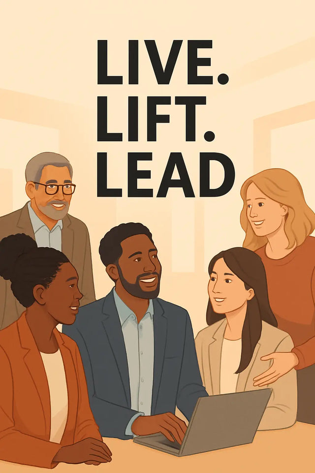 Diverse professionals collaborating around a laptop emphasizing purpose-driven leadership and divine power for work-life balance