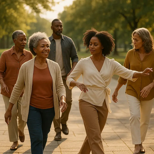 Diverse group of five adults walking outdoors exemplifying purpose-driven leadership and reflective practice