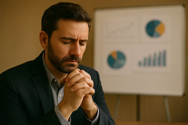 Man in a suit with clasped hands in deep thought, symbolizing remain steadfast and God’s timing