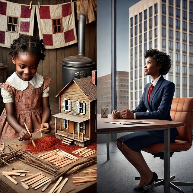 Split image of Sarah Jane building a miniature house and a Black woman leader at office
