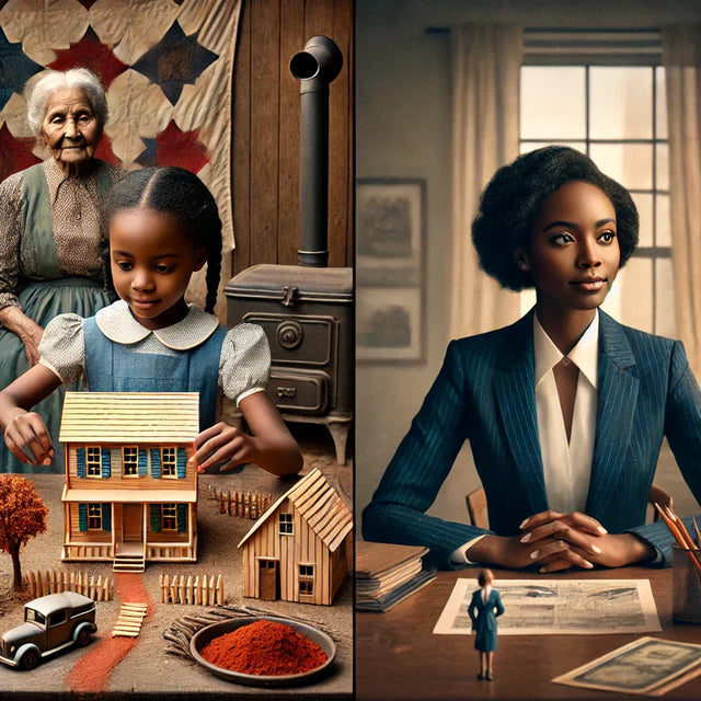 Split image of Sarah Jane’s story: girl with dollhouse and woman in business suit