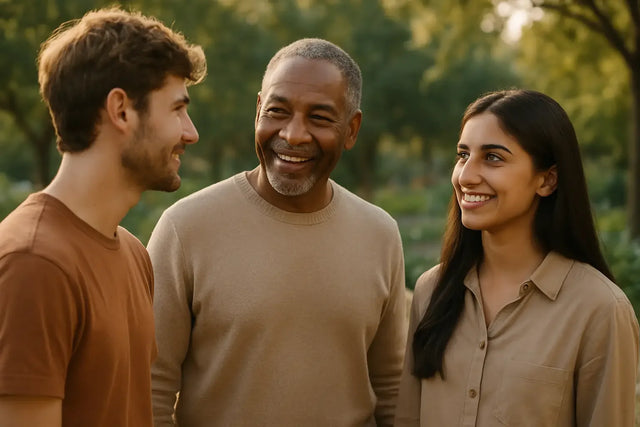 Three smiling individuals outdoors exemplifying purpose-driven leadership and work-life balance