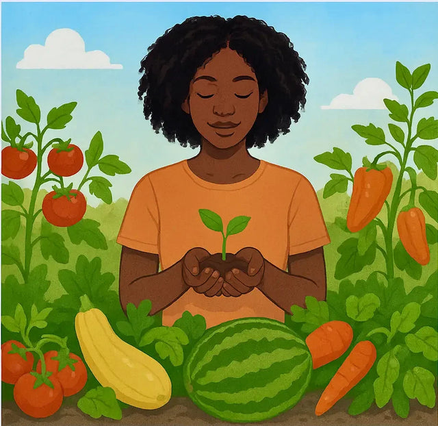 Woman holding a seedling in her garden, illustrating leadership lessons and sowing wisely.