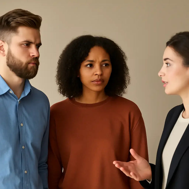 Three individuals engaged in a discussion illustrating standing firm in leadership perspectives