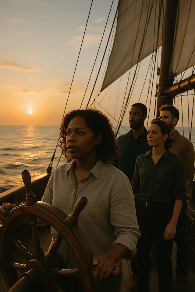 Wooden ship’s steering wheel symbolizing steady hands and guiding us directly forward