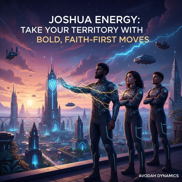 Blue and white futuristic cityscape poster symbolizing Joshua Energy and the promised land