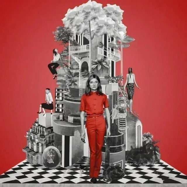 Woman in red jumps on a black and white checkered floor, embodying hustle culture for success.