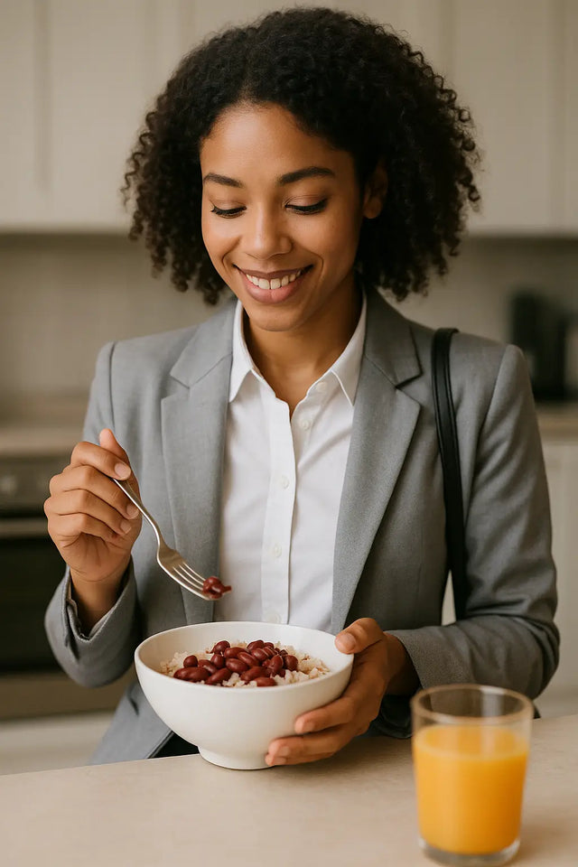 Smiling woman in business suit enjoying a healthy breakfast with berries and orange juice