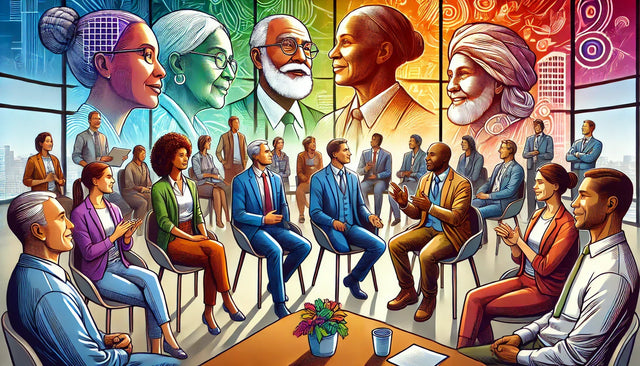Diverse group of people engaged in a discussion exemplifying true leadership in intergenerational workforce