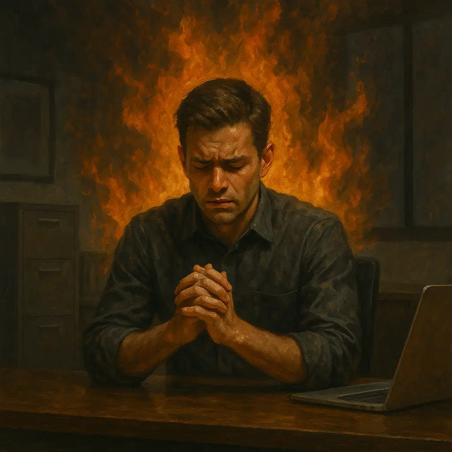 Man in dress shirt with flames behind, symbolizing trust god’s process and divine preparation