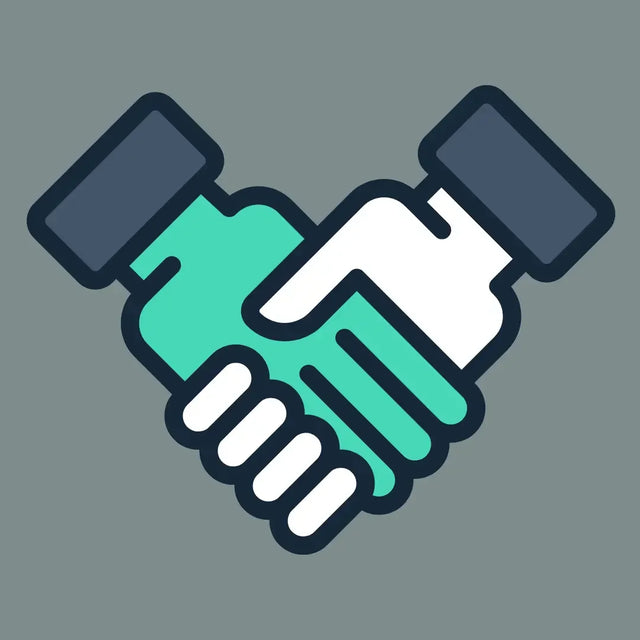 Handshake icon in turquoise and white, symbolizing purpose-driven leadership at Avodah Dynamics.