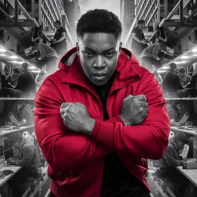 Man in a red jacket demonstrating leadership skills in an office, embodying hustle culture.