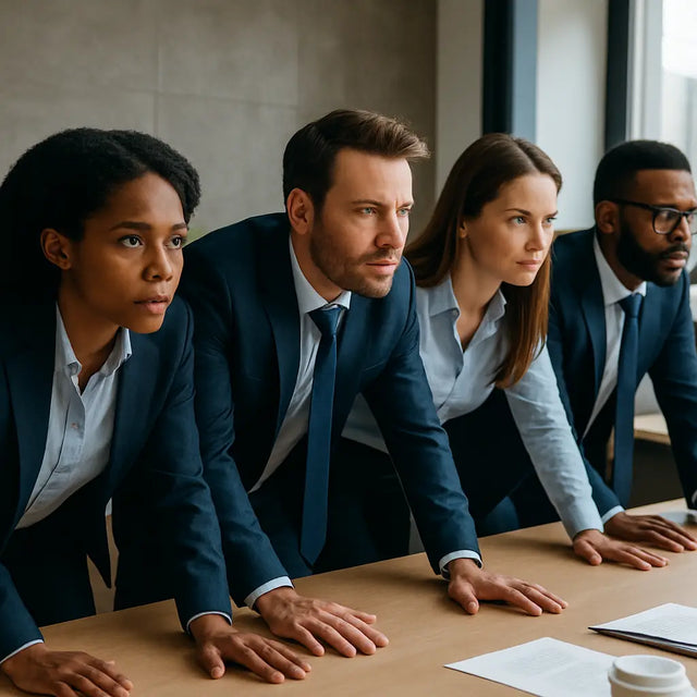 Diverse business professionals collaborating with focused expressions, exemplifying full court press leadership against negative cycles