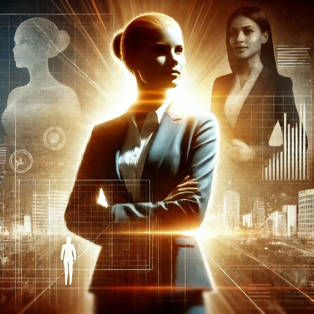 Empowered businesswomen embody purpose-driven leadership in a digital cityscape.