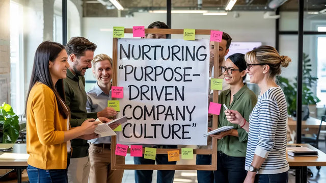 Diverse professionals collaborating around whiteboard emphasizing purpose-driven company culture
