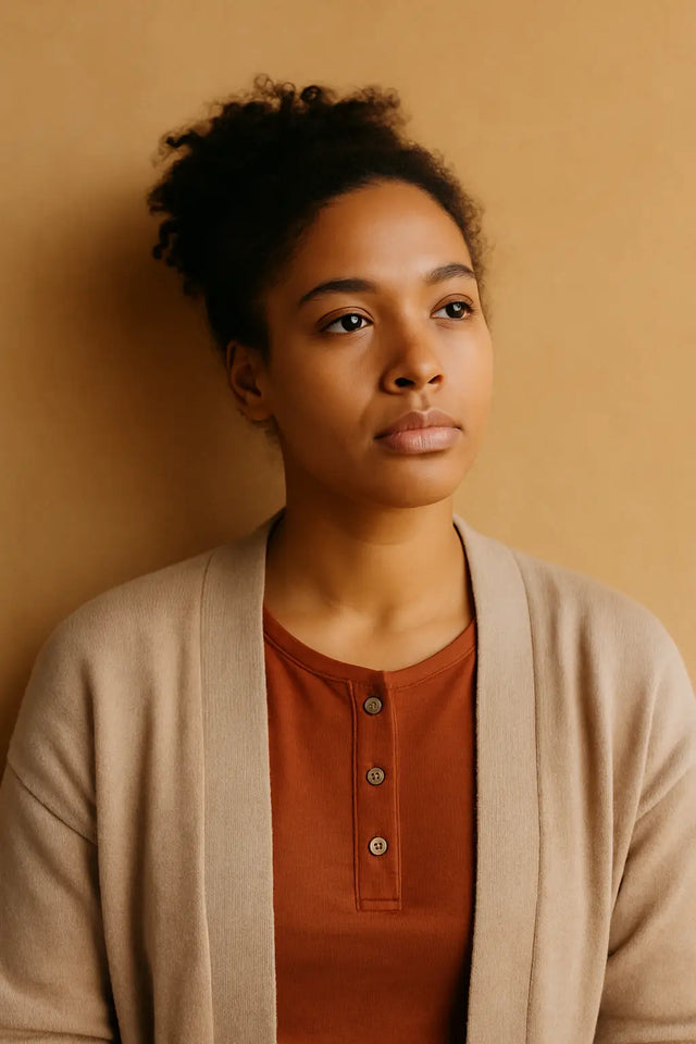 Young woman with dark curly hair wearing a tan cardigan and rust-colored Henley shirt for Unlocking the Big Three Emotions in Faith-Based Leadership