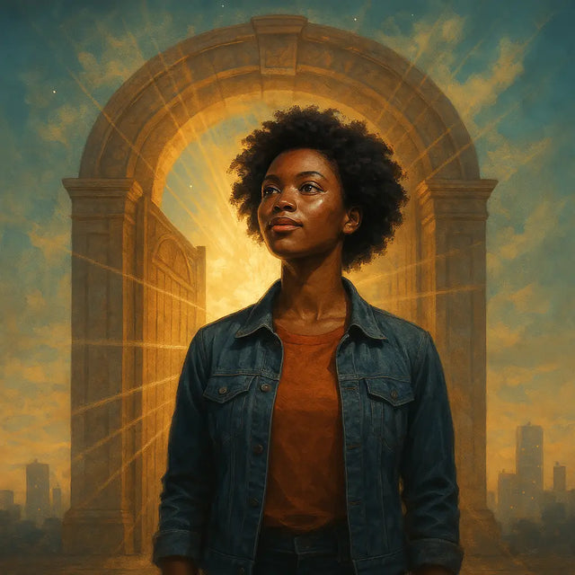 Confident woman in denim jacket embodying transforming power and living access points.