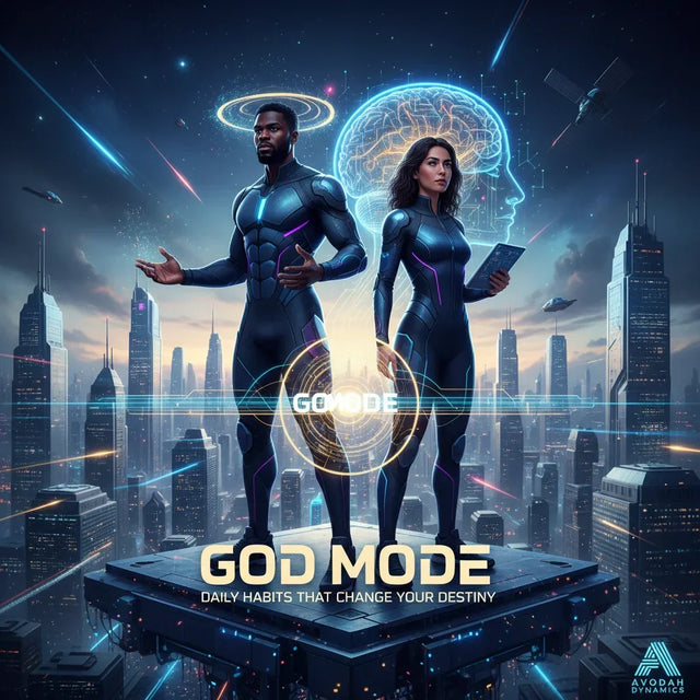 Futuristic blue and black bodysuit with glowing accents symbolizing god mode and daily habits