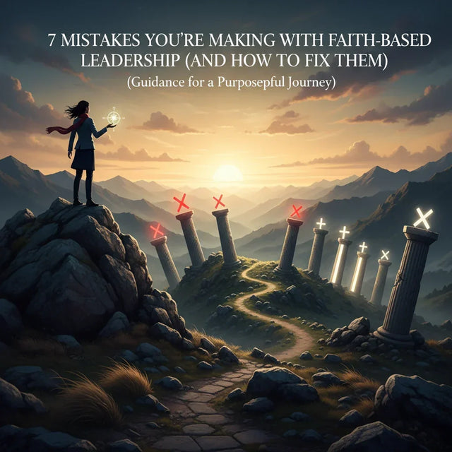 Faith-based leaders assessing leadership effectiveness on mountain path with biblical foundation at sunset