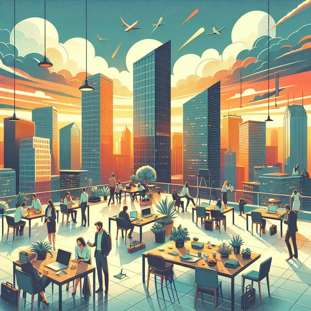 Modern rooftop lounge with sleek black tables in Avodah Dynamics networking event in Indy