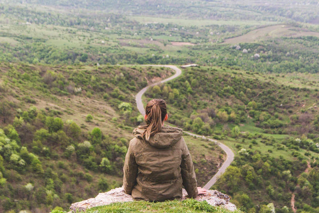 Person in olive green jacket viewing a winding road in lush valley for personal growth