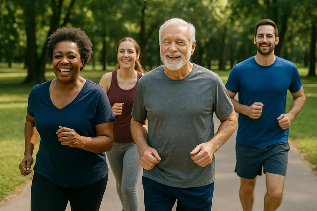 Four diverse individuals jogging outdoors promoting physical health and whole-person care for God’s kingdom
