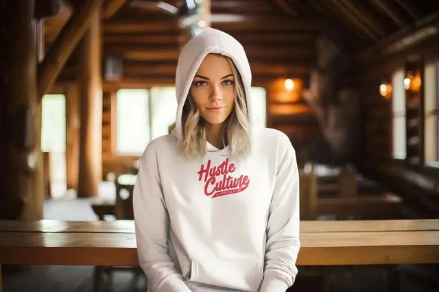 A woman wearing a white hoodie with the word’hello’on it