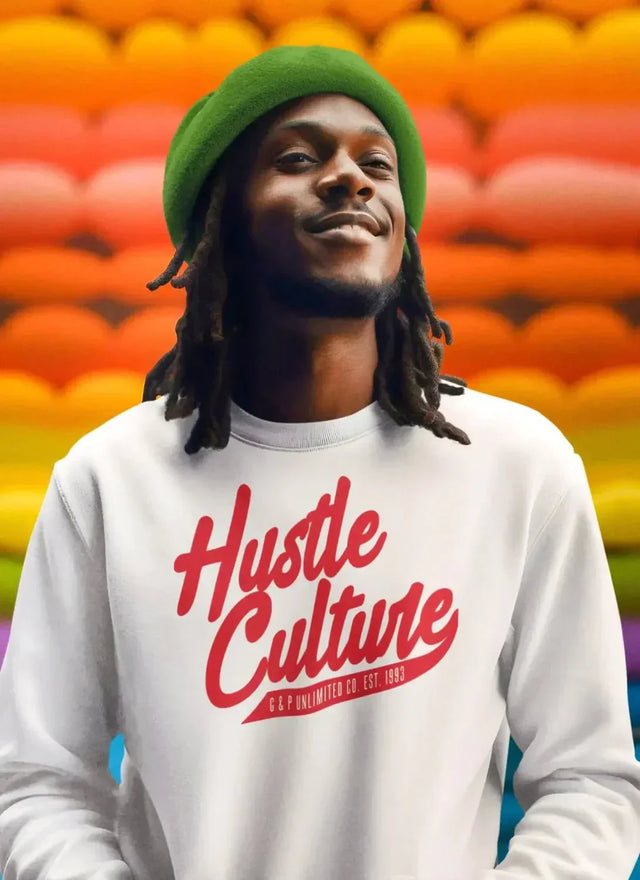 A man wearing a white sweatshirt with the words hot chill on it