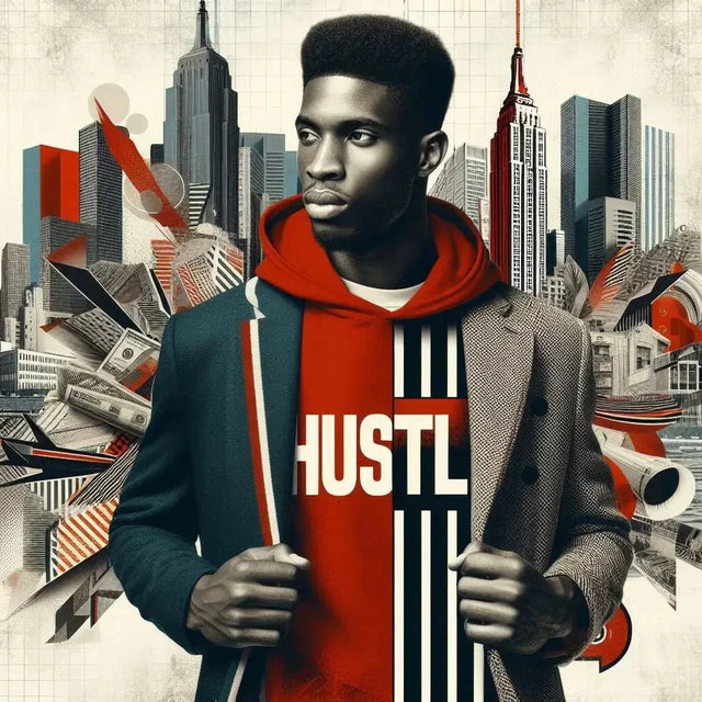 A man in a red hoodie and a citysca