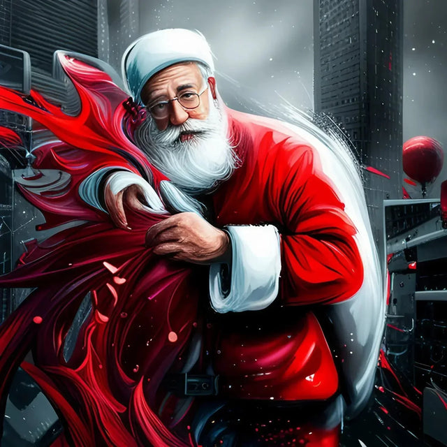 Painting of a man dressed as santa claus holding a red bag
