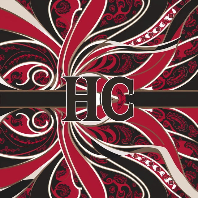 Decorative ’HC’ monogram with swirling red, black and white floral patterns.