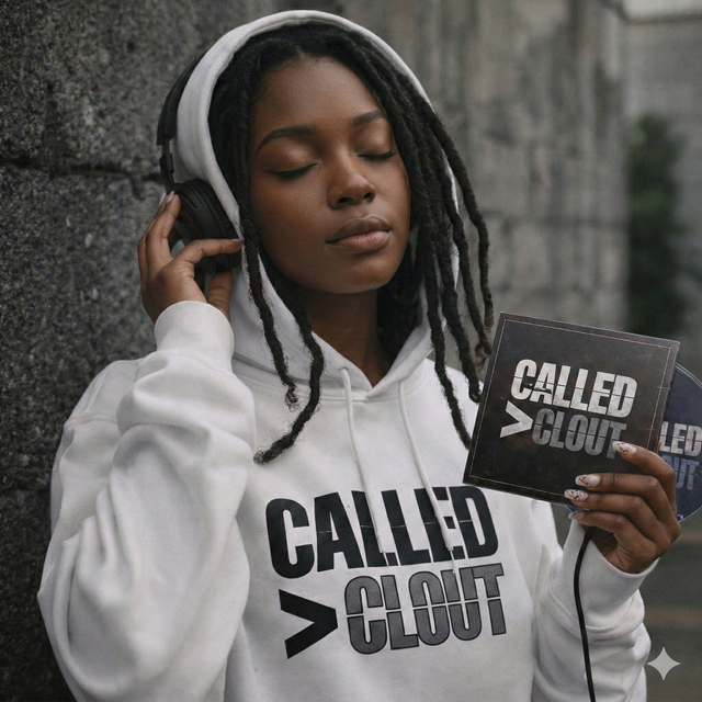 Person wearing a 'Called Clout' hoodie holding a product with the same branding.