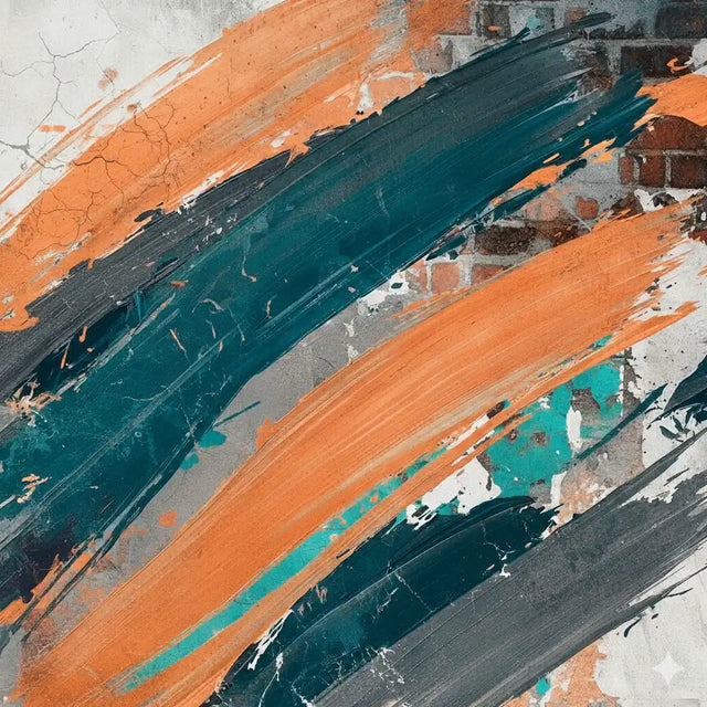 Abstract art painting with bold brushstrokes in teal, orange, and gray on a textured canvas.