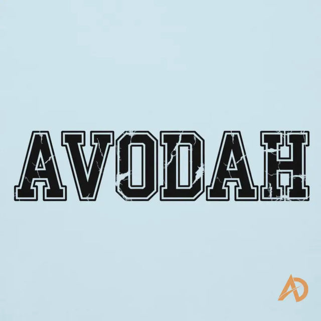 Black and white varsity lettering sticker on Avodah Varsity HoodieBold collegiate-style 'AVODAH' text with white cracks on a light blue background and small orange 'AD' logo in corner