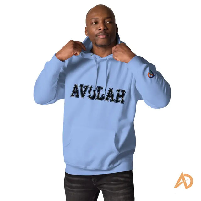 Light blue Avodah Varsity Hoodie with navy blue Avulah text on frontMan adjusting light blue hoodie with bold 'AVULAH' text, white background, orange AD logo.