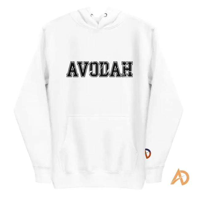White Avodah Varsity Hoodie with text design and sleeve logoWhite hooded sweatshirt with black AVODAH lettering and an orange-blue AD logo on the sleeve cuff.