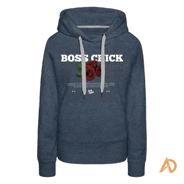 Navy blue Boss Chick Hoodie featuring BOSS CHICK text and red rose graphic for empowerment