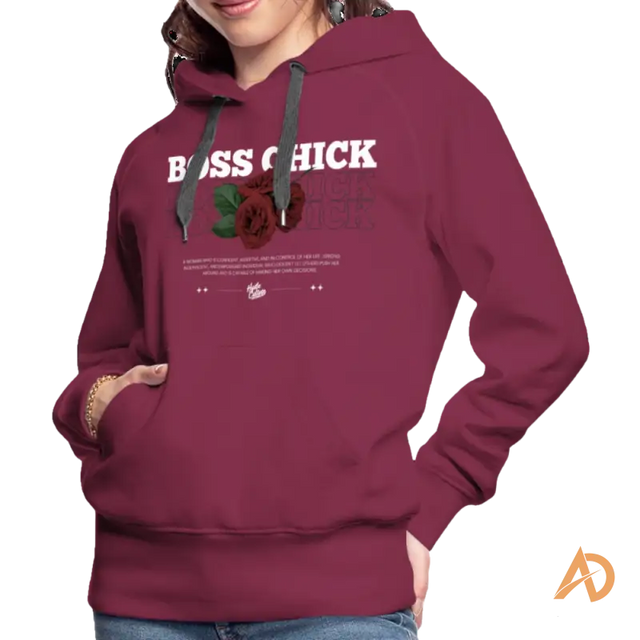 Burgundy Boss Chick Hoodie featuring empowerment text and rose graphic design