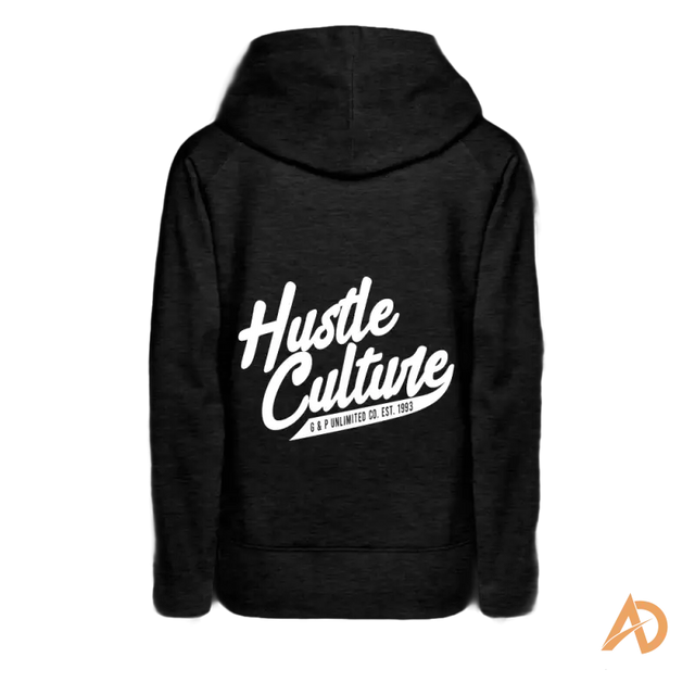 Black Boss Chick Hoodie featuring white script lettering of hustle culture on the back