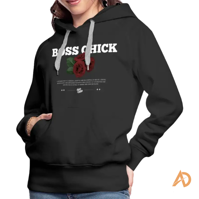 Black hoodie sweatshirt featuring BOSS CHICK text and rose graphic, perfect for hustle culture