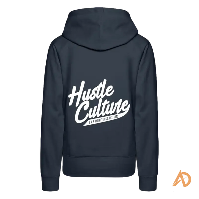 Navy blue Boss Chick Hoodie featuring ’Hustle Culture’ text, an exclusive offering for empowerment