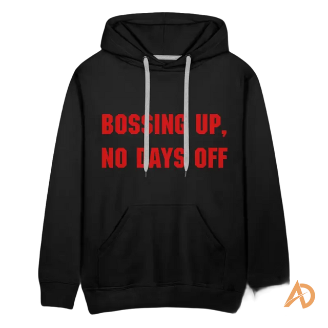 Premium hoodie in black featuring bold red text promoting hustle culture and contemporary design